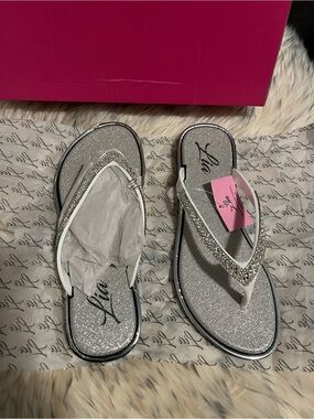 Lia Crystal Embellished Silver Flip-Flop Sandals